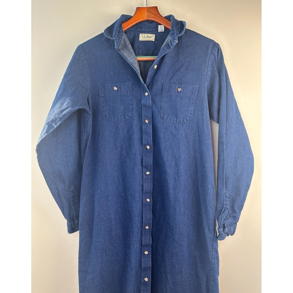 L.L. Bean Vintage Denim Shirt Dress Size 14 Blue Cotton LS USA Modest No Belt - Picture 4 of 11